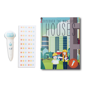 Discover the Wonders of Houses is a non-fiction interactive children science book with sound effect that are great for children K-6. Educational Screen free activity. Listen to the talking pen read narration, dialogue, sound effect, and music. The recording stickers when used with the talking pen allow the users to turn any book into a “talking book”