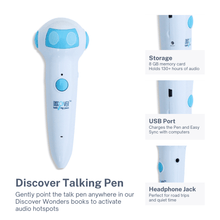 Load image into Gallery viewer, Discover Talking Pen is a rechargeable read aloud pen that allow children to learn S.T.E.M. content screen free independently. It can also be used with the recording stickers so guardians can turn any book into a talking book. Headphone jack allows the children to listen to the pen read aloud with a headphone which made it a perfect entertainment for road trip and other occasions.