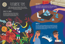 Load image into Gallery viewer, A page from the Discover the Wonders of Toys book. This unit study is about futuristic toys, point the talking pen to any part of the page, and the pen will read aloud the S.T.E.M. content to the children, it also have music, character narration which make the reading experience fun and interactive.
