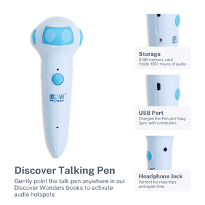 Discover Talking Pen is a rechargeable read aloud pen that allow children to learn S.T.E.M. content screen free independently. It can also be used with the recording stickers so guardians can turn any book into a talking book. Headphone jack allows the children to listen to the pen read aloud with a headphone which made it a perfect entertainment for road trip and other occasions. 