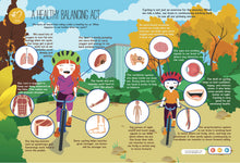 Load image into Gallery viewer, A page from the Discover the Wonders of Bicycles book. This unit study is about what happen to our body when we cycle. Point the talking pen to any part of the page, and the pen will read aloud the S.T.E.M. content to the children, it also have music, character narration which make the reading experience fun and interactive.