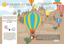 Load image into Gallery viewer, A page from the Discover the Wonders of Balloons book. This unit study is about how does hot air balloon work. Point the talking pen to any part of the page, and the pen will read aloud the S.T.E.M. content to the children, it also have music, character narration which make the reading experience fun and interactive.