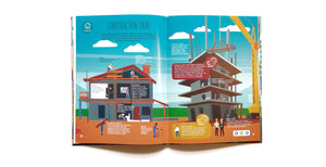 A page from the Discover the Wonders of Houses book. This unit study is about construction. Just point the talking pen to any part of the page, and the pen will read aloud the S.T.E.M. content to the children, it also have music, character narration which make the reading experience fun and interactive.
