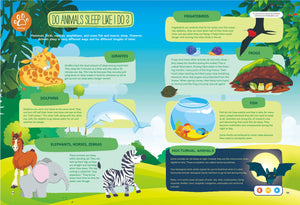 A page from the Discover the Wonders of Nighttime book. This unit study answer the question "Do animals sleep like I do?". Point the talking pen to any part of the page, and the pen will read aloud the S.T.E.M. content to the children, it also have music, character narration which make the reading experience fun and interactive.