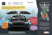 Load image into Gallery viewer, A page from the Discover the Wonders of Cars book. This unit study is about self-driving cars, point the talking pen to any part of the page, and the pen will read aloud the S.T.E.M. content to the children, it also have music, character narration which make the reading experience fun and interactive.