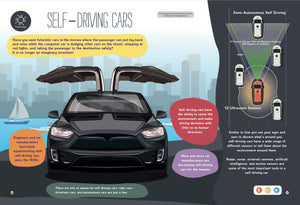 A page from the Discover the Wonders of Cars book. This unit study is about self-driving cars, point the talking pen to any part of the page, and the pen will read aloud the S.T.E.M. content to the children, it also have music, character narration which make the reading experience fun and interactive.