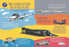 Load image into Gallery viewer, A page from the Discover the Wonders of Cars book. This page talks about mind-blowing car designs and car world records. It is a non-fiction interactive children science book with sound effect that are great for children K-6. Educational Screen free activity. Listen to the talking pen read narration, dialogue, sound effect, and music. The recording stickers when used with the talking pen allow the users to turn any book into a “talking book”